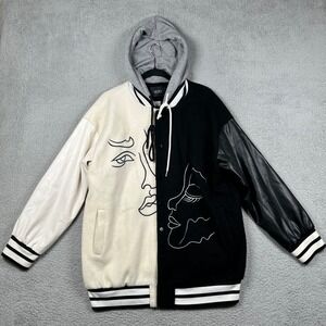 Akira Azalea Wang Two Tone Face Embroidery Hooded Varsity Jacket Black White L